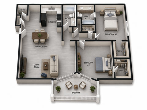 Floor plan for 2 beds, 2 baths, 1055 sqft